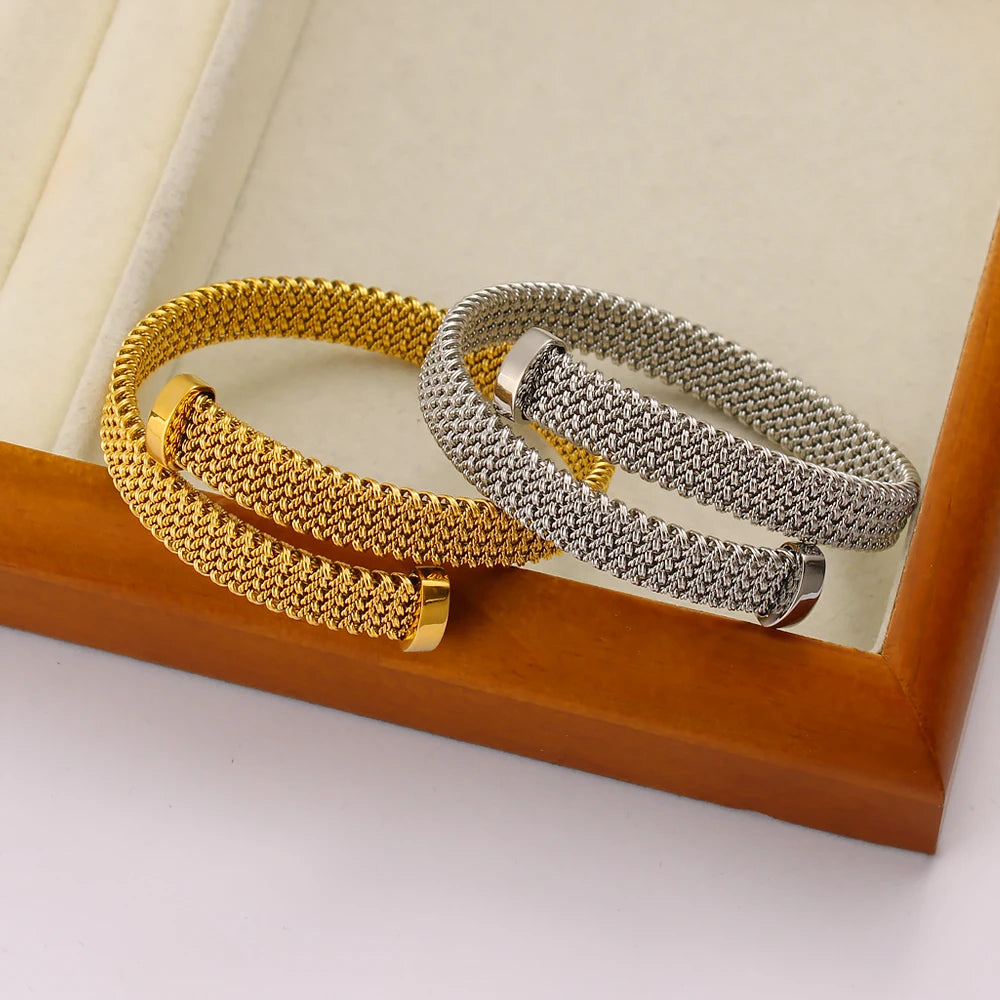 Wholesale Wide Chain Cuff Bracelet Braided Twist Bangle Stainless Steel Open Elastic Bangle Bracelet for Women