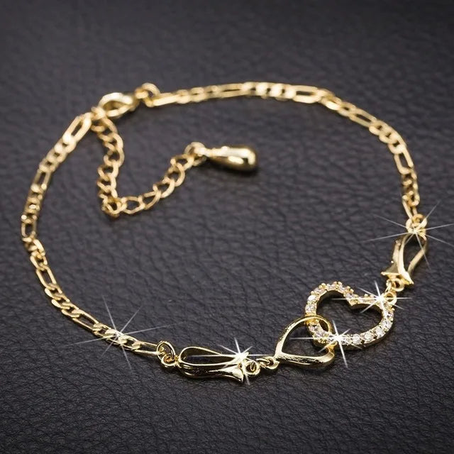 SC Trend Korean Shinny Zircon Heart Bracelet Gold Plated Double Heart Diamond Zircon Charm Bracelet for Women