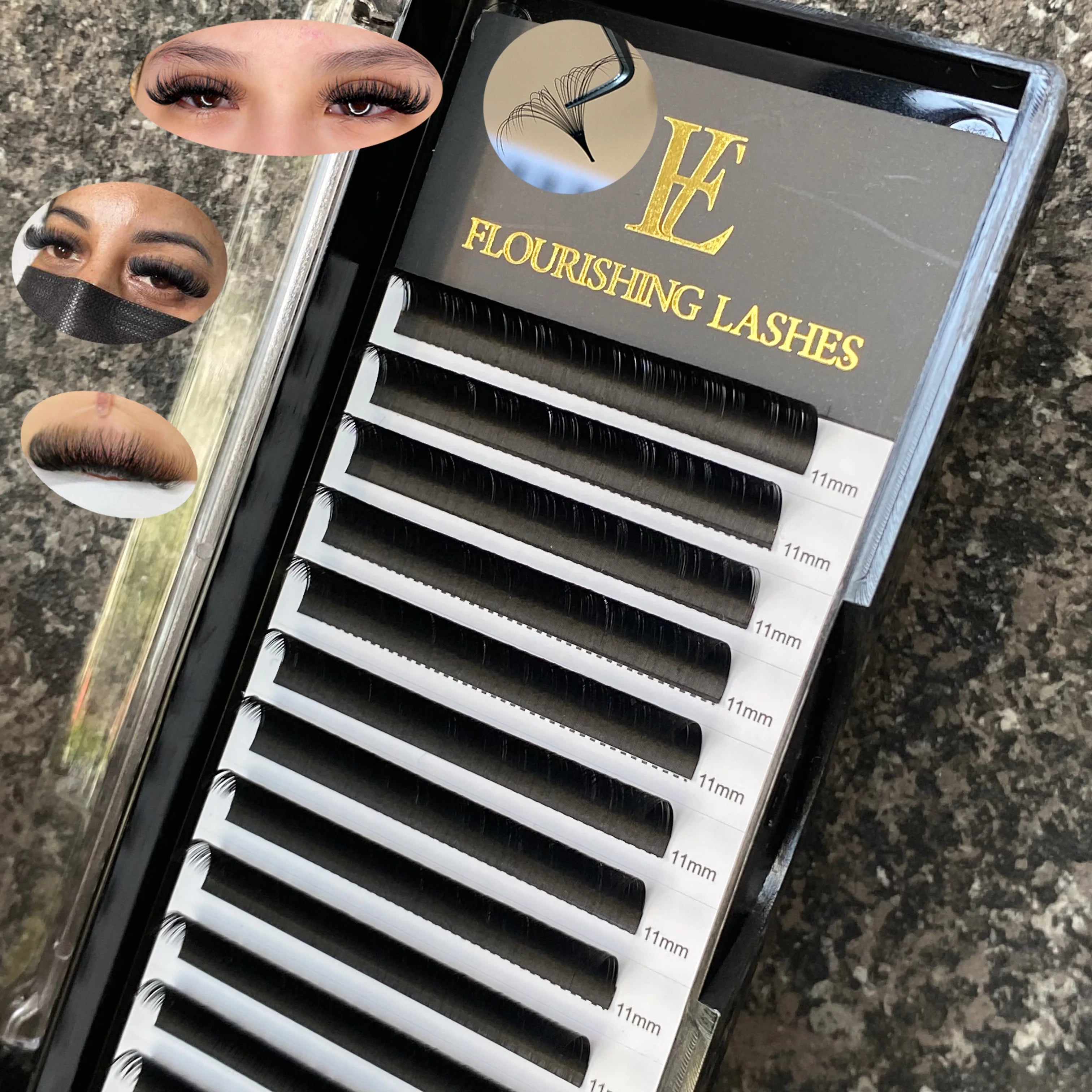Flourishing Lashes Customize Your Logo Synthetic Hair Handmade Cruelty-Free Vegan Matte Black Glossy Black Eyelash Extensions