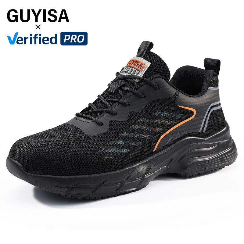 GUYISA  SRC Anti-slip Safety Shoes for  Men Fly Woven Breathable Lightweight Comfortable Safe Chef Work Shoes