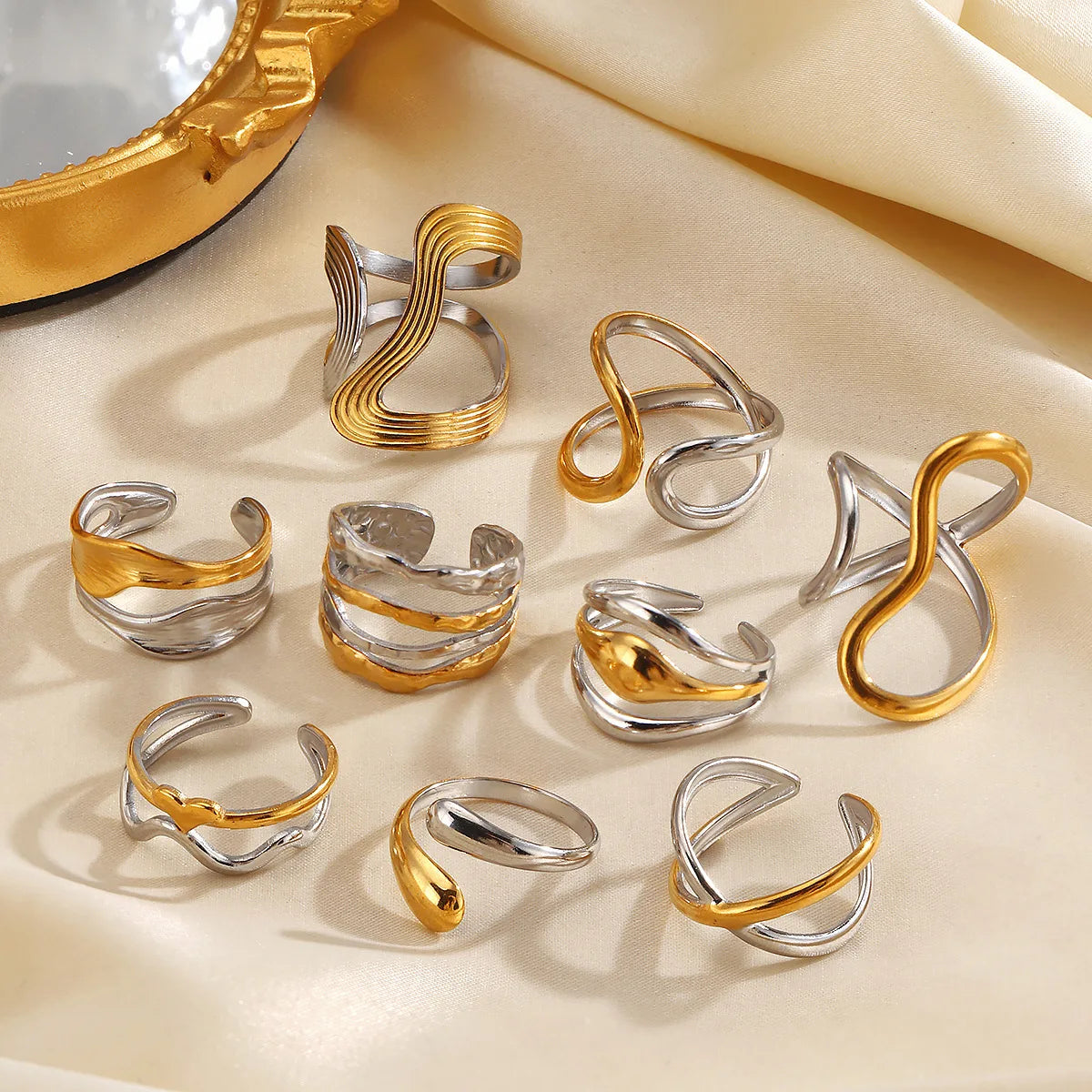 Wholesale Fashion Trend 18K Gold Plated Geometric Rings Opening Stainless Steel Ins Lines Style Trendy Rings