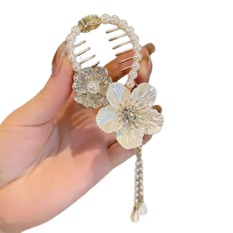 New Design Metal Hair Clip with Tassel Pearl Flower Bun Grab Clip Hair Adornment for Back Head