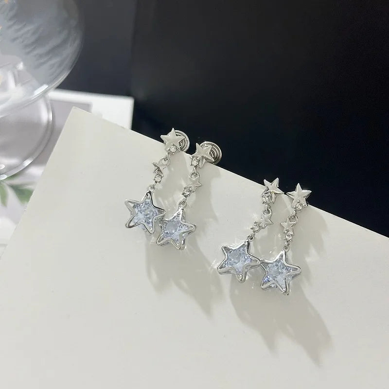 Wholesale Premium Bling Silver Star Pendant Earrings with Zircon Glowing Ear Clip for Women Girls Gold Plated Pearl Main Stone
