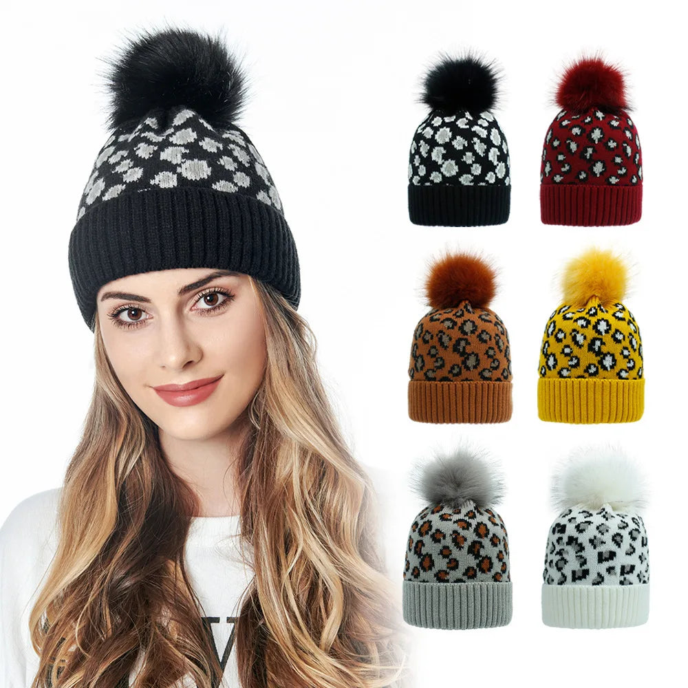 Winter Beanie Hat Knitted Cable Cap with Pompom Warm Leopard Jacquard Beanie Cap Knit Ski Hats for Women and Girls