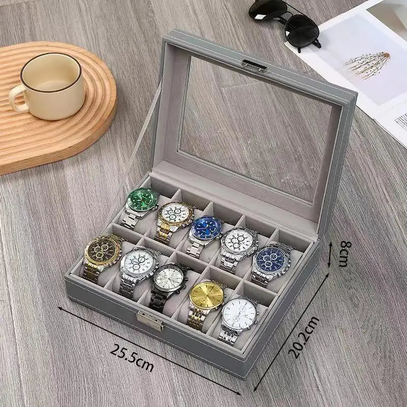 10 Slot Gray PU Leather Packaging  Stylish Watch Storage Display Case Collector Show Box