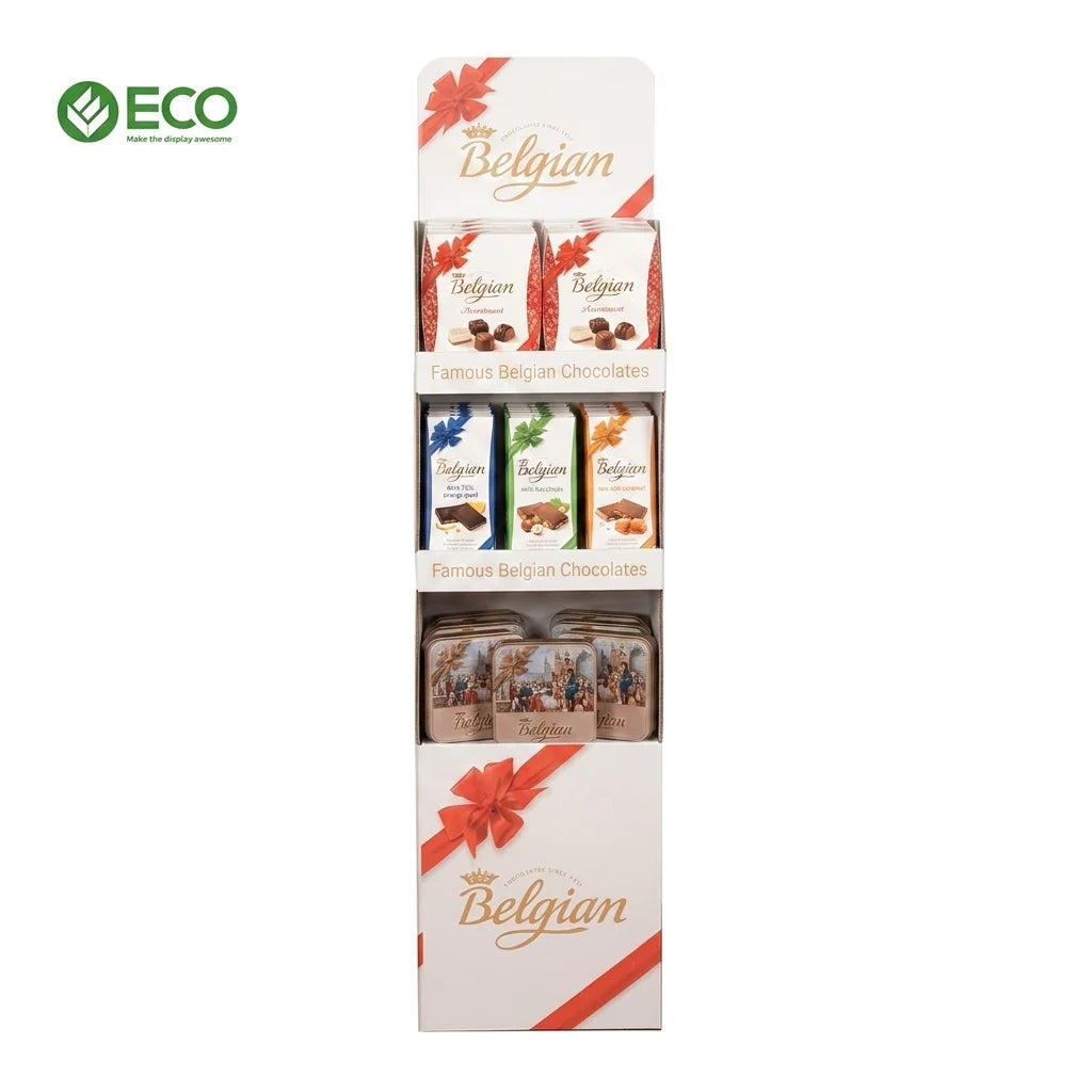 OEM ODM Custom Logo Eco-friendly 3-Tier Corrugated Paper Belgian Chocolate Candy Retail Cardboard Floor Display Racks for Shop