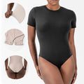 Women's One-Piece Short Sleeve Fitness Bodysuit Yoga Jumpsuit with Crew Neck Thong Shapewear Body Shaper Tights for Gym Use