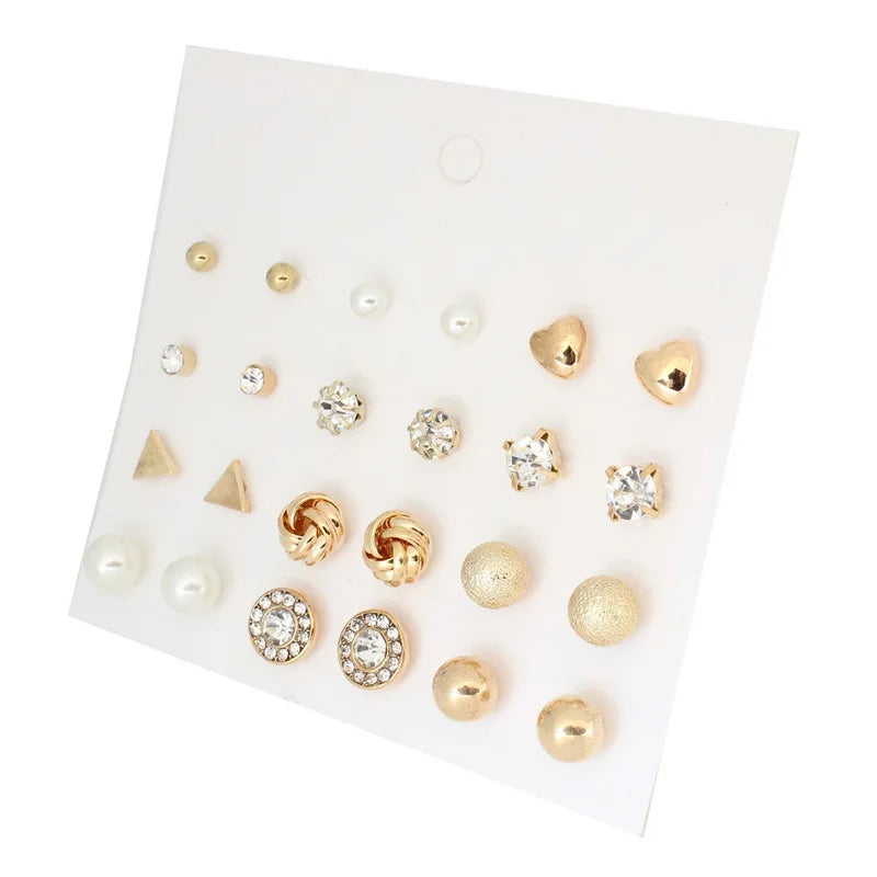 Korea Style 12 Pairs Sets Round Square Ball Alloy Crystal Stud Pearl Earrings for Women Hot-selling Cute Stud Earring