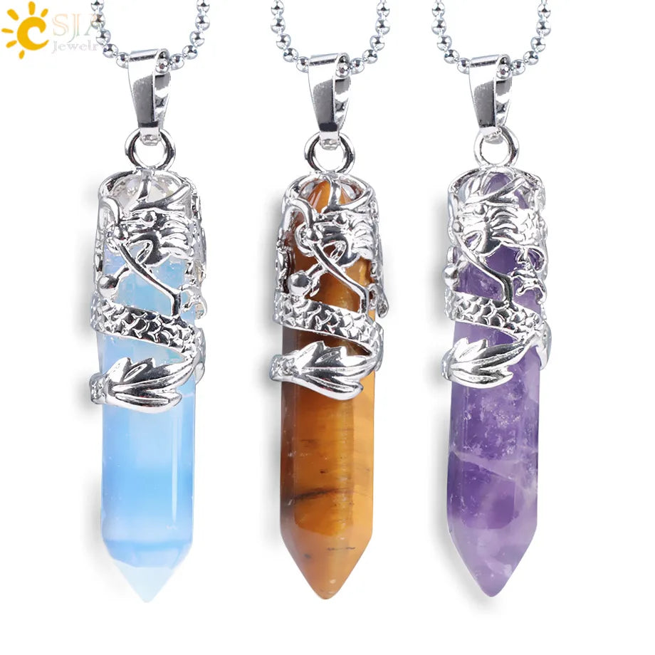 CSJA Hot Tribal Totem Dragon Natural Stone Pendants Crystal Hexagonal Point Quartz Pendant Necklace for Women Men E853