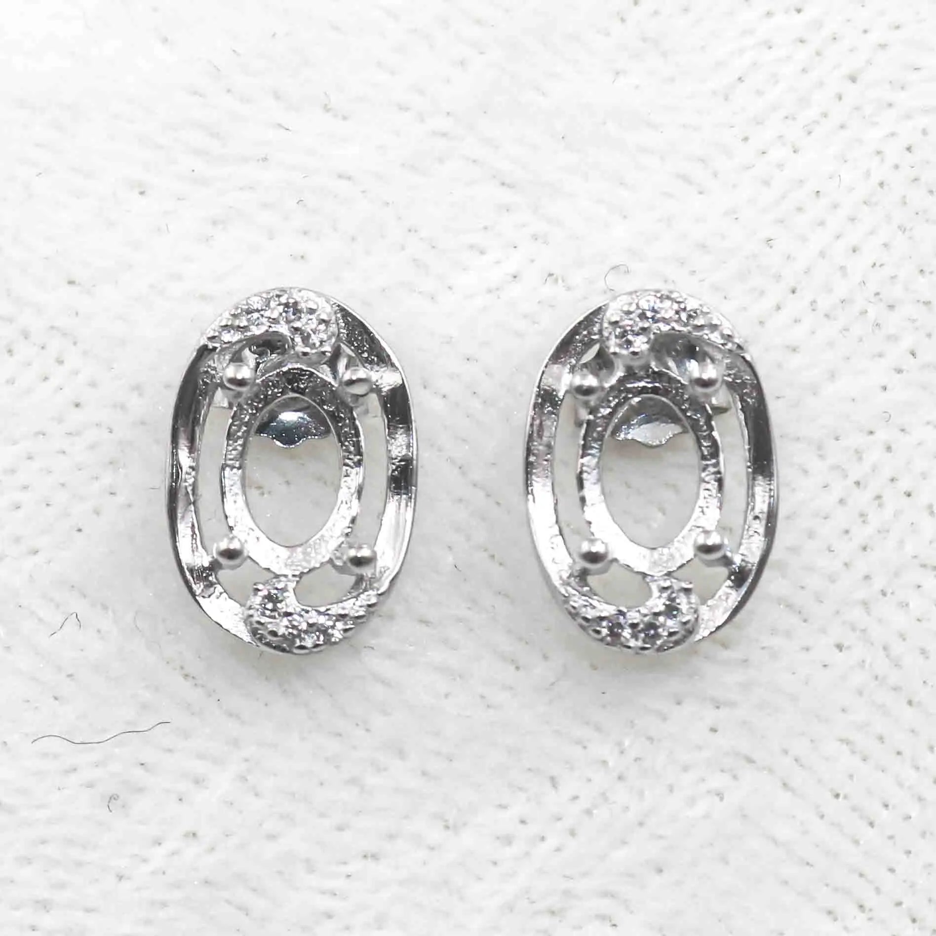 Sterling Silver 5*7mm Semi Mount Stud Earrings Empty Frame Support Blank Setting S925 Base Without Center Stone for DIY Inlay