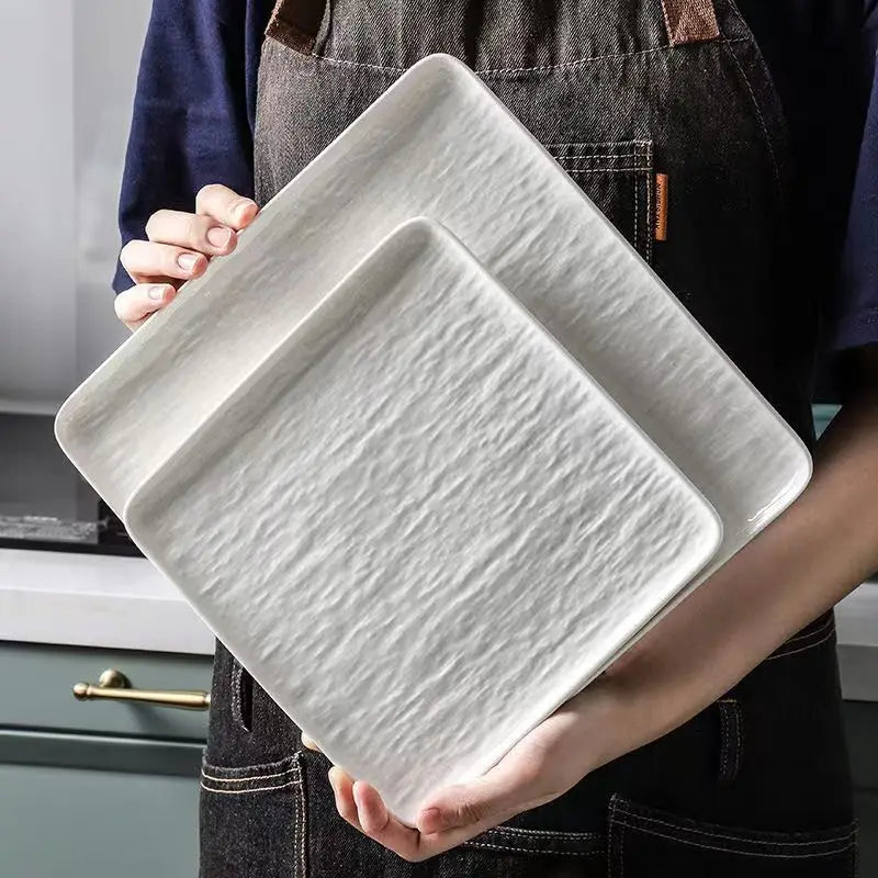European Relief Pure White Ceramic Plate Family Rectangular Western Food Steak Plate Salad Bowl