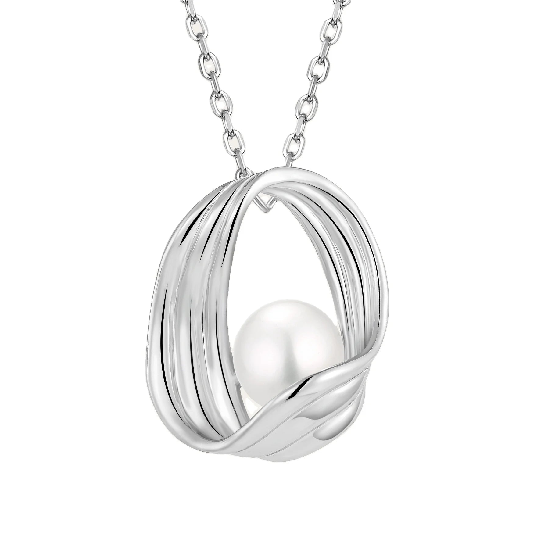 LULUFOCUS Fine Jewelry Luxury Design S925 Sterling Silver Rhodium Plated 6Mm White Pearl Circle Pendant Necklace
