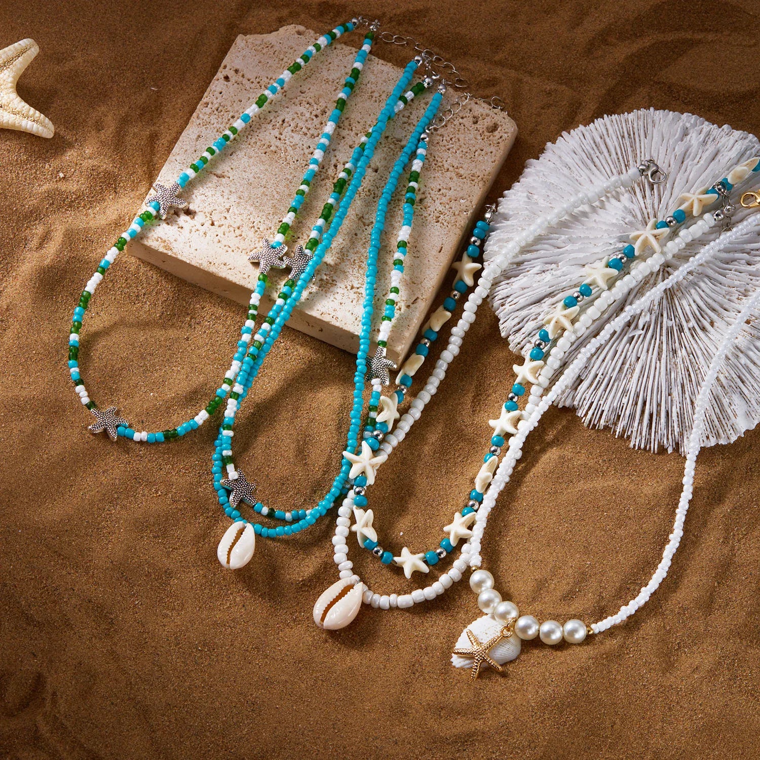 Best Selling Fashion Starfish Shell Conch Pearl  Multi Layer Necklace Summer Ocean Vacation Stacked Necklace