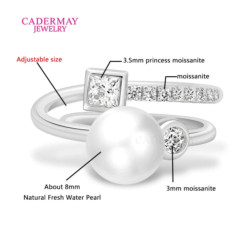 Natural Freshwater Pearls 925 Silver VVS Moissanite Ring Opening Adjustable Engagement Wedding Ring for Women Sparkling Jewelry