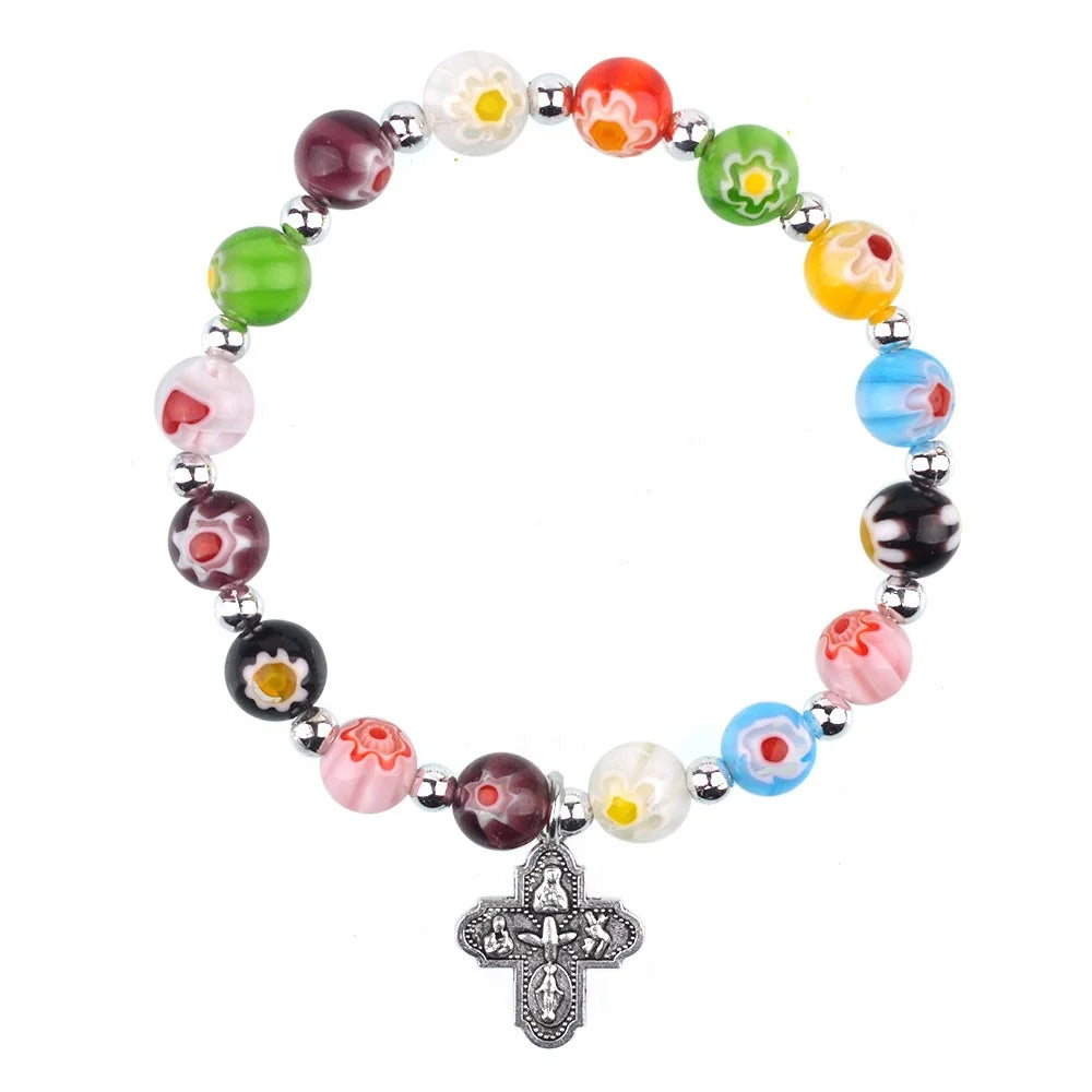 Religious Bracelets 8mm Flower Colorful Glass Beads Women Catholic Cross Elastic Bracelet