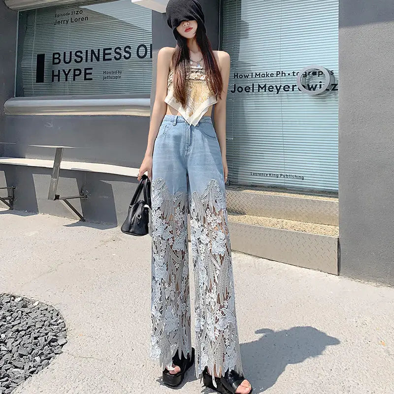 Wholesale 2026 Summer High Waist Wide Leg Pants New Versatile Hollow Lace Spliced Denim Drop Pants Women's Pants