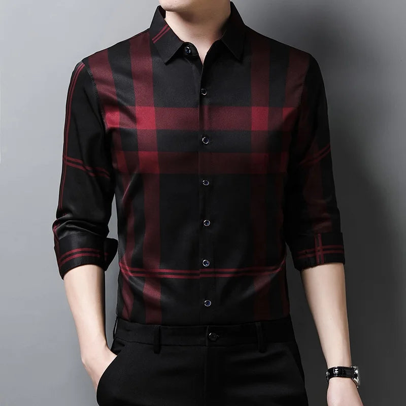 New High Quality Men Shirts Slim Fit Silk Dress Shirt Spring Long Sleeve Casual Plaid Shirts Camisa Masculina C728