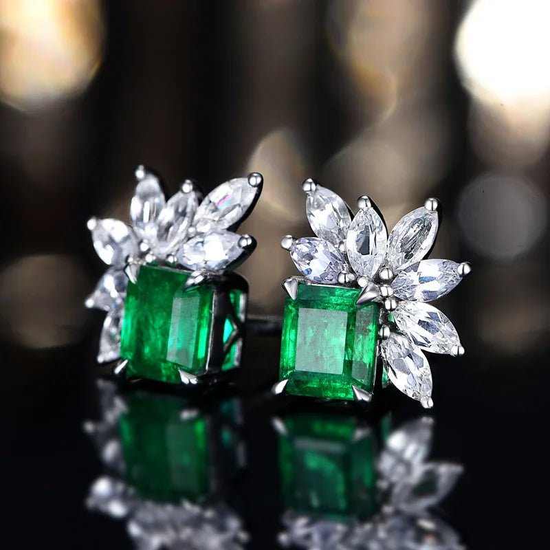 Huitan Bling Bling Unique Irregular Colorful Zircon Square Trendy Leaf Stud Earrings Women Girls Fashion Silver Earring