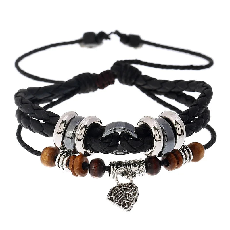 Wholesale Women's Fashion Charm Bracelets New Leaf Accessories Pendant Beaded Leather Bracelet Braided Multilayer Bracelet