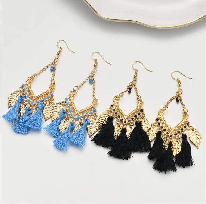 2022 Hot Sale Boho Tassels Leaves Long Female Earrings Vintage Retro Ethnic Style Bohemian Jewelry Earrings Wholesale