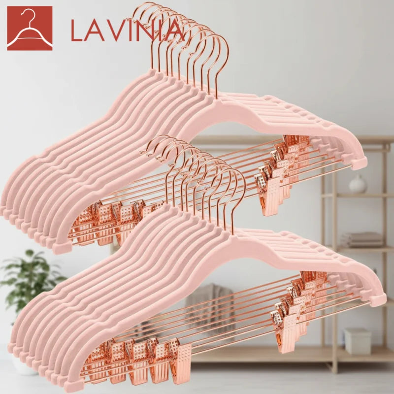 Lavinia Household Light Luxury Flocking Gold Hook Hangers to Save Space Solid Durable Velvet Hangers