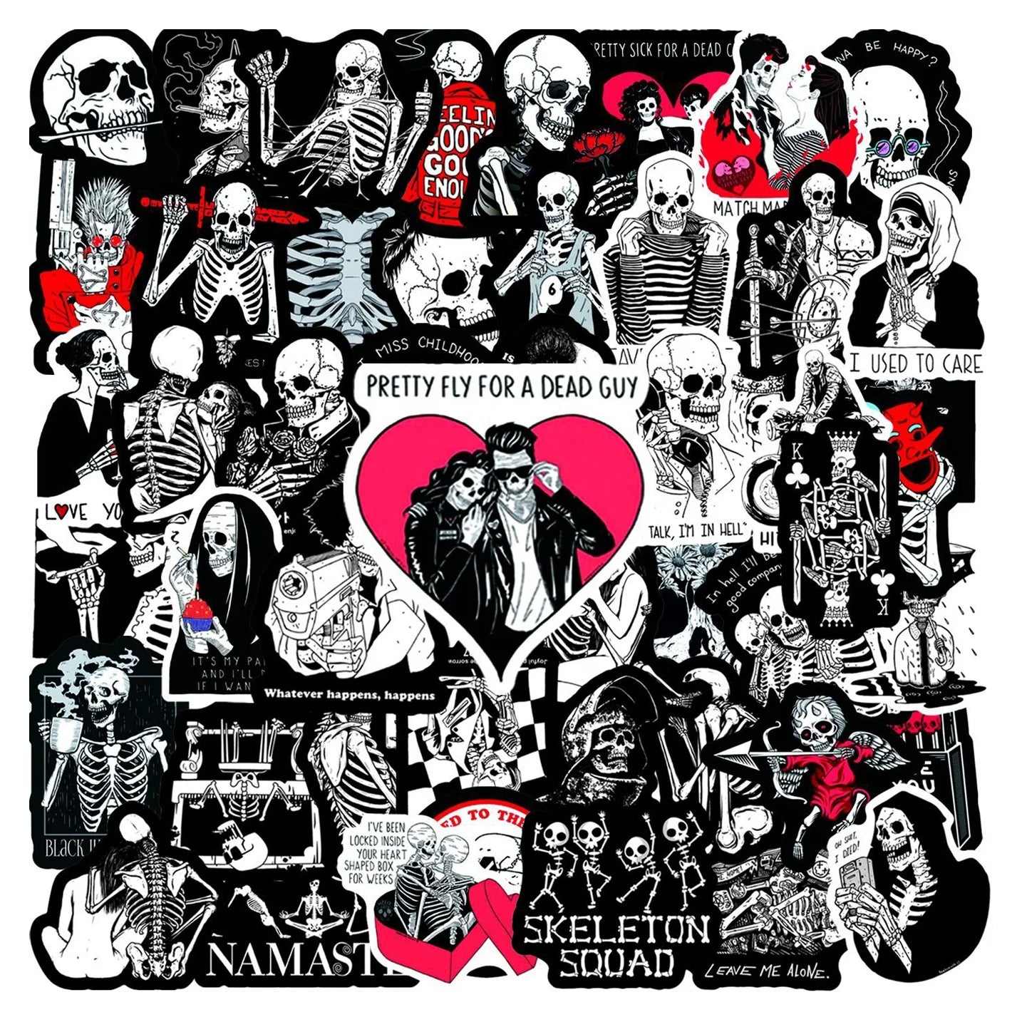 50Pcs Red Black Skeleton Love Inspiration Skull Sticker Custom for Girl Notebook Diary Bottle Luggage Laptop Stickers