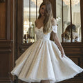 13830# Elegant Sequined A-Line Bridal Gown 2022 Fashion Lace Cap Appliques Wedding Dress Short Lace-Up Evening Dress Party Dress
