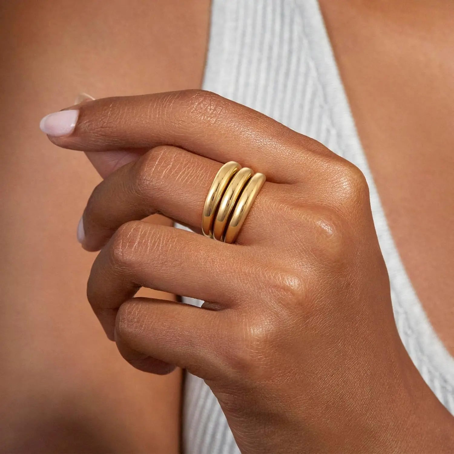 Premium Stainless Steel Three Layers Metal Simple Circle Finger Rings for Women 18K Gold Plated Engagement Wedding Ring Jewelry
