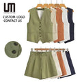 Liu Ming Custom Wholesale Summer Woman's High Waist Shorts Pants Set New Arrival Single Breasted Vests Solid V Neck Knee Casual