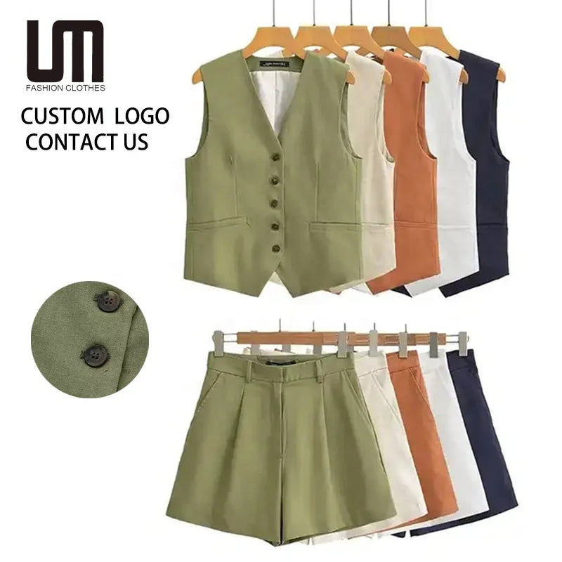 Liu Ming Custom Wholesale Summer Woman's High Waist Shorts Pants Set New Arrival Single Breasted Vests Solid V Neck Knee Casual