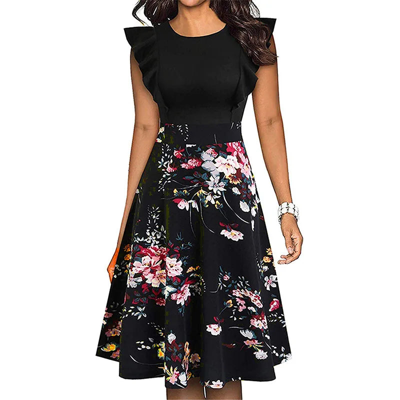 2023 Fashion Floral Print Flowy Hem Tunic Dress Women Flared Sleeve O Neck A-Line Midi Dress Workwear Summer Women's Dress