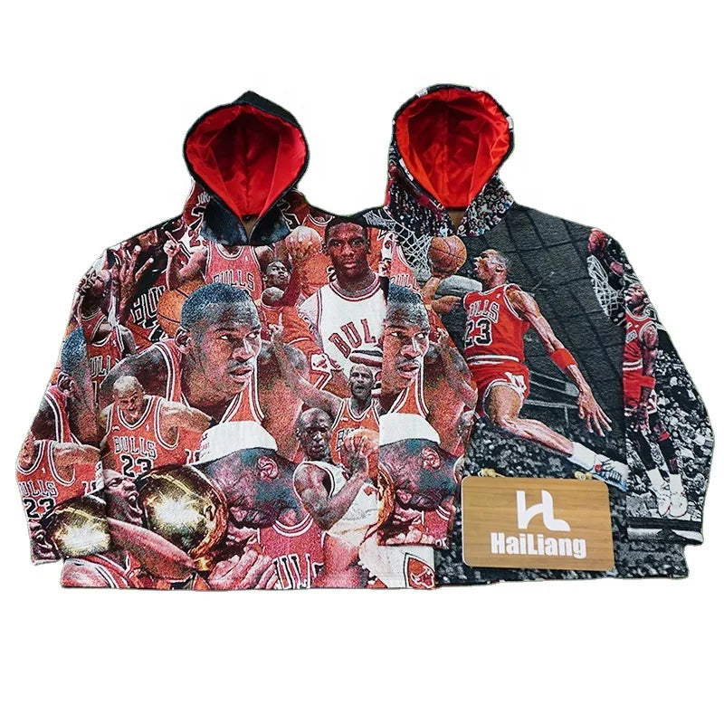 Ready to Ship Tapestry Hoodies Custom Tapisserie Blanket Manufacturer Oversized Jacquard Woven Basketball Hoodie Men