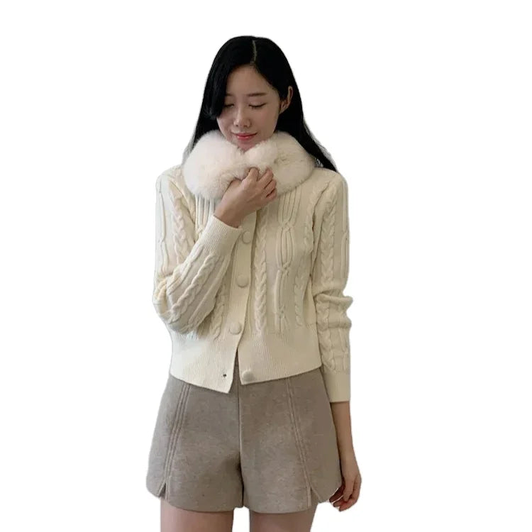 Guangzhou Auyan High-quality Twist Knit Fur Sweater Cardigan Female Thick Retro Port Coat