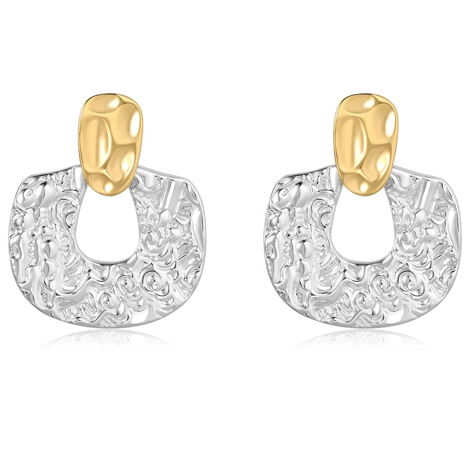2024 New High-Grade Retro Metal Gold and Silver Splicing Irregular Texture Relief Earrings Jewelry Factory Custom Hot Sale