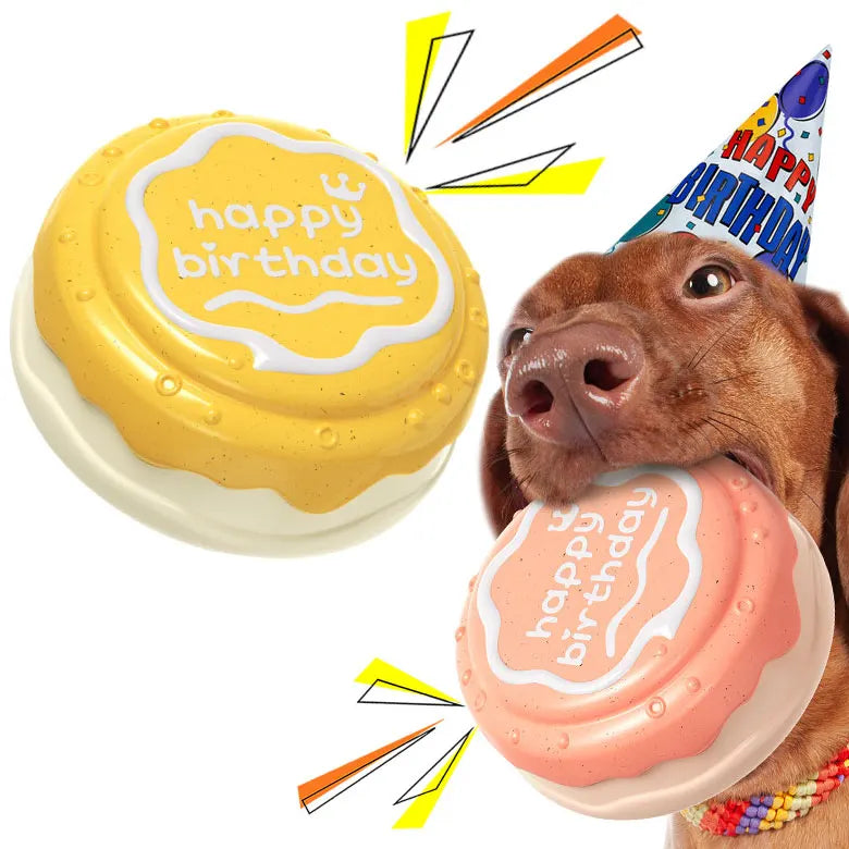 Interactive Dog Birthday Gift Ball Toy Funny Squeaky Dog Chew Toy Cartoon Cute Birthday Cake Shape Daily Use Plastic Pet Bag