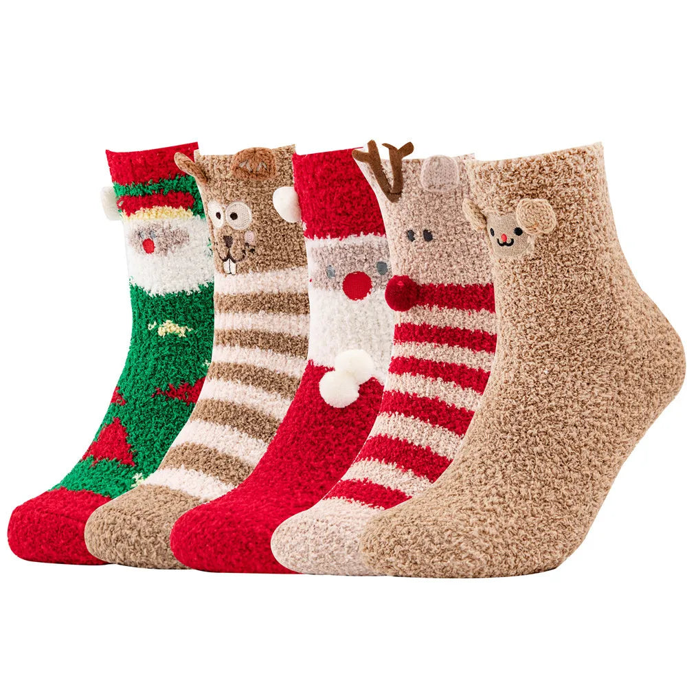 Wholesale 5 Pairs Cute Cozy Indoor Coral Fleece Fuzzy Fluffy Winter Women Christmas Warm Slipper Socks