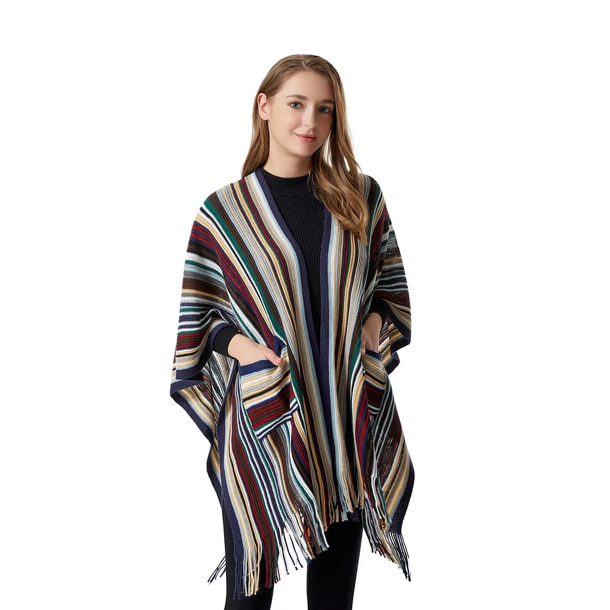 High Quality Poncho Ruana Cardigan Gift Multi Pocket Cape Sweater Women Large Strip Knitted Shawl Scarf