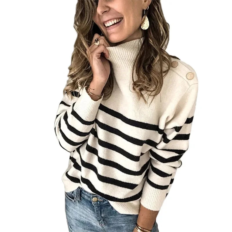 Women's 2023 Fall Fashion Long Sleeve Striped Knit Loose Pullover Sweater Tops