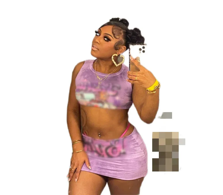 2024 Summer New Street Hipster Crewneck Sleeveless Crop Top Figure Monogram Print Bag Hip Women Clothes Two Piece Set Skirt