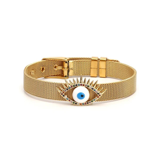 Women's Stainless Steel Mesh Buckle Wrist Bracelet with Honey Heart and Geometric Eye Charm Fashion Jewelry Bangles