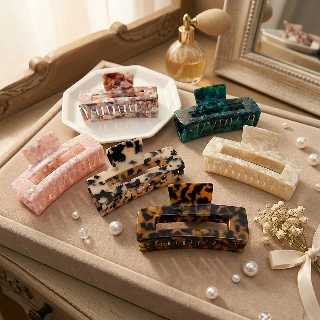 BSCI & GRS Factory Wholesale Ins Korean Style 10.5cm Acetate Hair Claws Simple Marble Rectangle Large Claw Hair Clips for Women