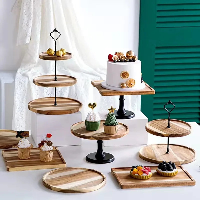 Acacia Round Wood Tray Tiered 2 Tier Tray Decorative Food Fruit Cake Cookie Snack  Wooden Serving Tray