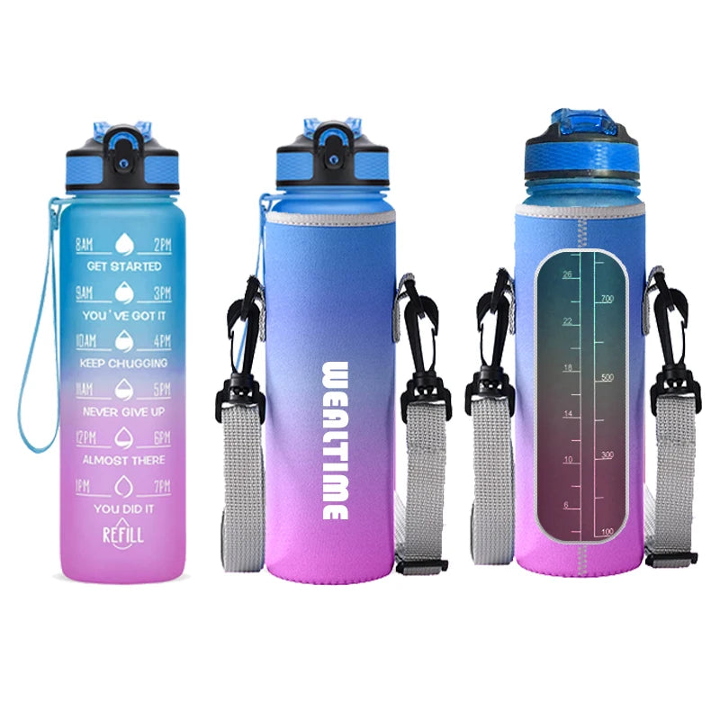 1 Liter Motivational Water Bottle With Sleeve case 32oz Frosted Gradient Sports Drinkware With Cover 32oz Bpa Free Water Bottle