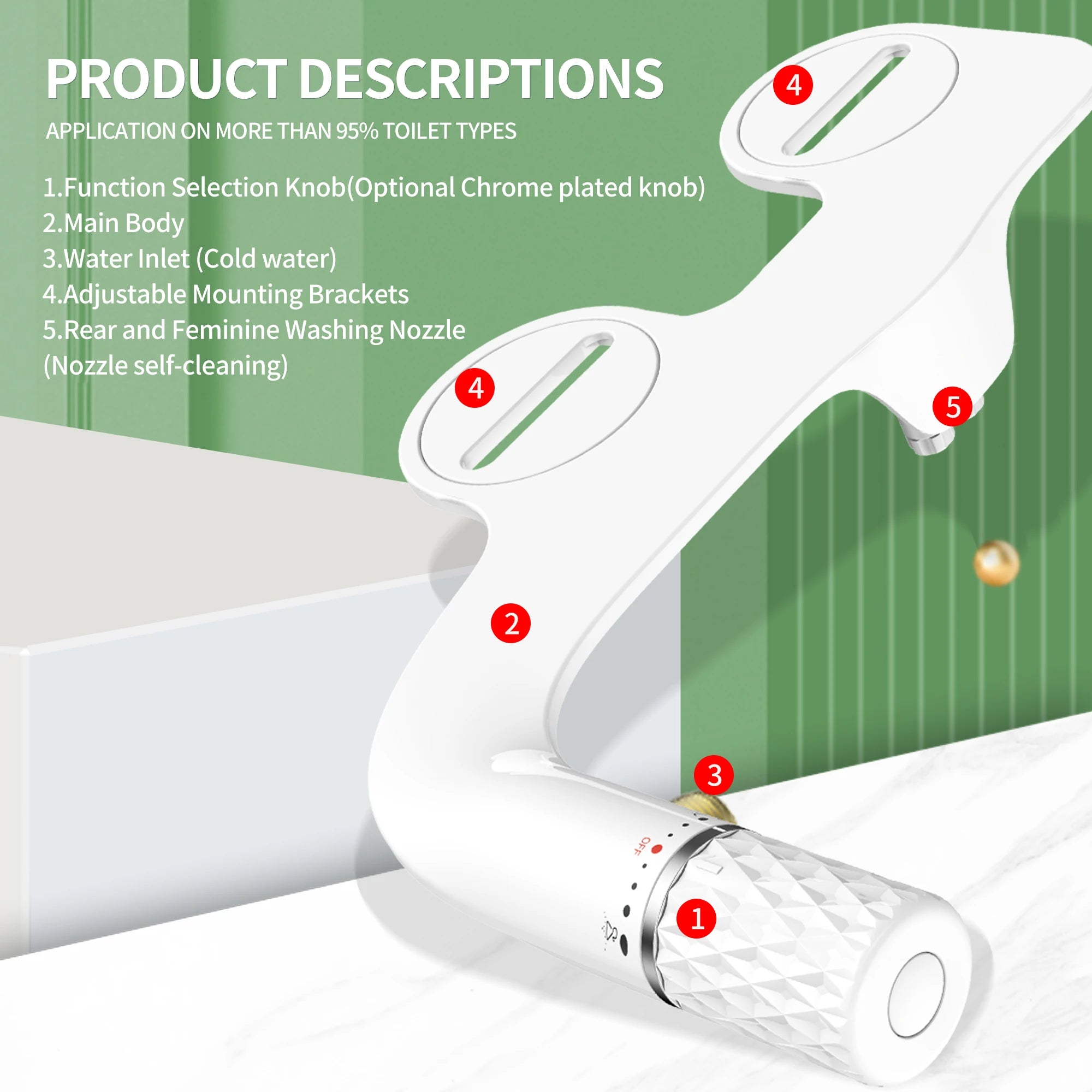 Modern Ultra-Slim No-Touch Bidet Attachment for Toilet Adjustable Water Pressure Floor Mounted Plastic for Modern Bathroom