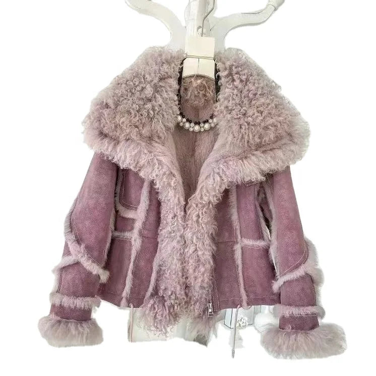 Custom Soft Women Elegant Warm Luxury Double Sided Sheepskin Fur Jacket Winter Ladies Genuine Shearling Wool Sheep Leather Coat