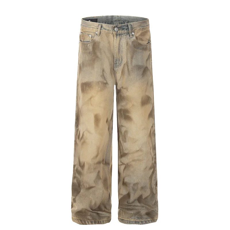 Retro Waste Wind Stone Washed Jeans Loose Casual Niche Designer Pants Men's Straight Wide Leg Vintage Fashion Yellow Jeans
