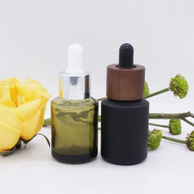 Oblique Shoulder Olive Green Matt Black Glass Bottle 30ml Colour Dropper with Dark Wooden Texture Dropper Lid