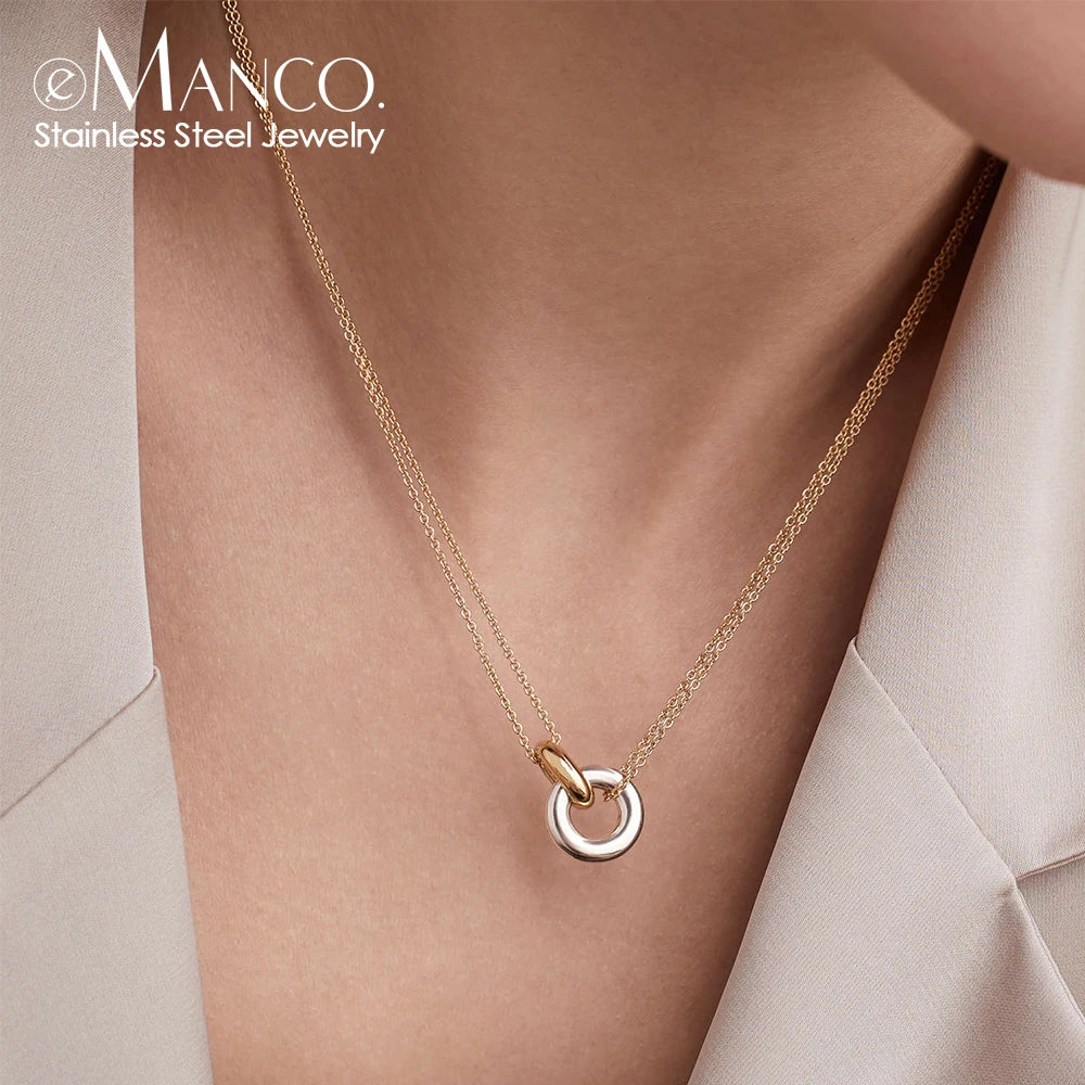EManco INS Minimalist Double Circle Pendant Necklace Mixed Gold Silver Ring Pendant Necklace Stainless Steel Jewelry Wholesale
