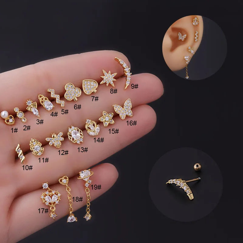 Fashionable Zircon Small Stud Earrings Women's Earrings Piercing Jewelry Stainless Steel with Peach Heart Butterfly Feather Star