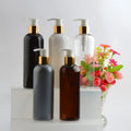 300ml Round Shoulder Cosmetic PET/PP Plastic Bottle with Golden Aluminum Cap Shampoo Lotion Pump Screen Printing Easy Open End